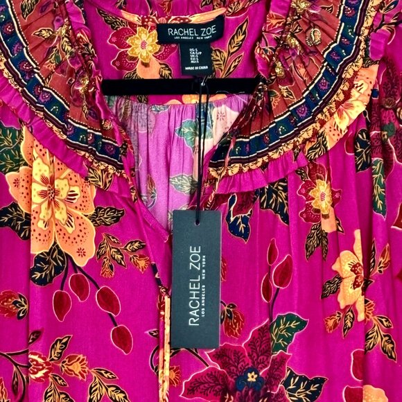 Rachel Zoe Vibrant Floral Boho Peasant Blouse Long Sleeve Pullover Ruffles Sz S - Picture 11 of 15